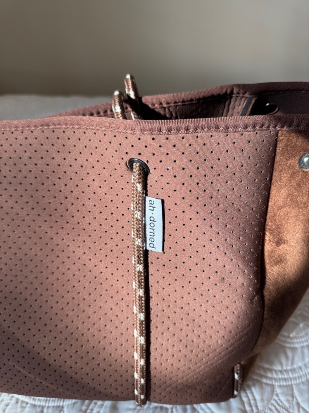 Ah-Dorned Brown Perforated Neoprene Tote Bag with small pouch - Picture 2 of 6